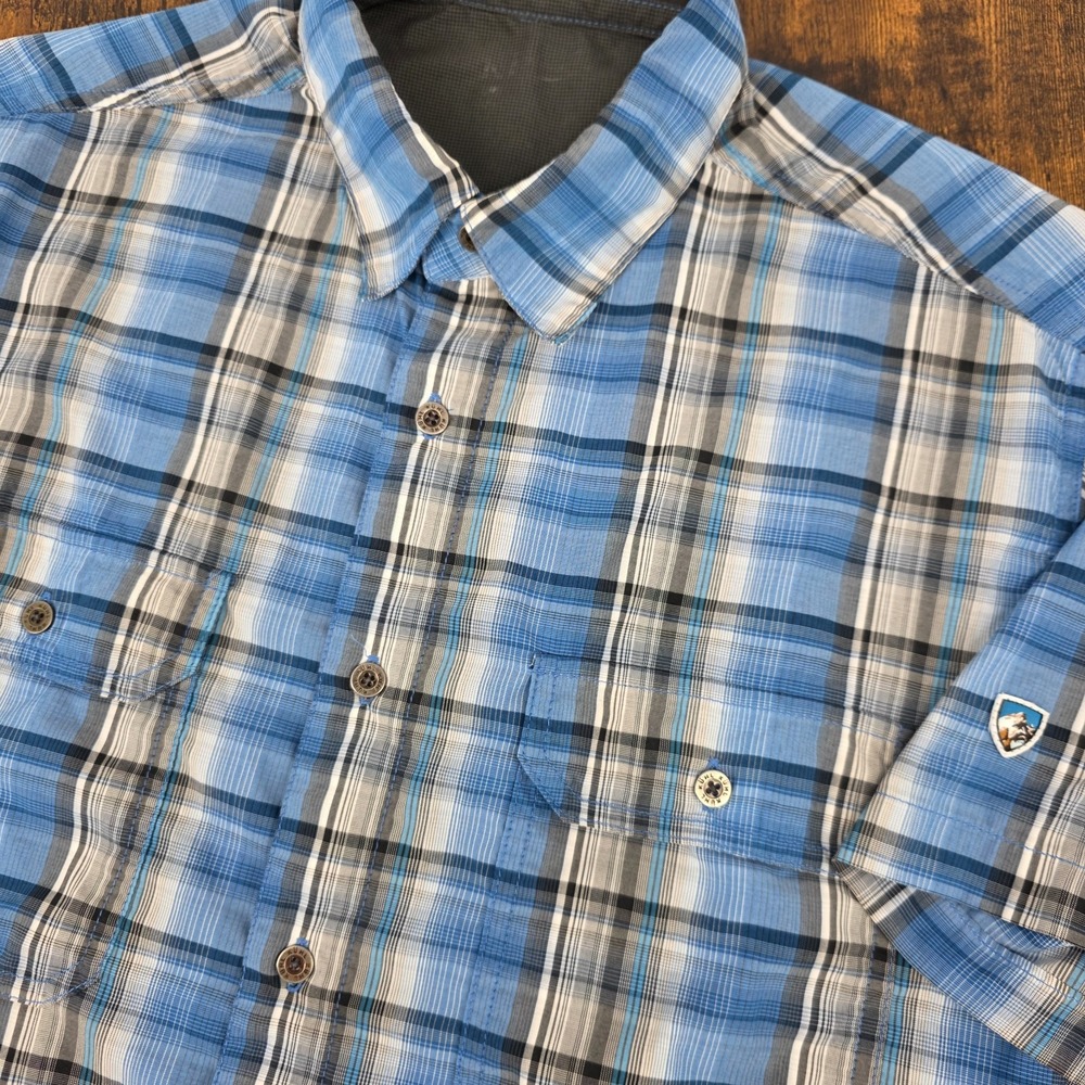 KUHL Men's Short Sleeve Button Up Blue White Plaid Utility Work Shirt Sz‎ M